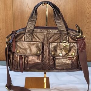 Fossil Long Live Vintage 1954 Brown Metallic Leather Satchel/Crossbody